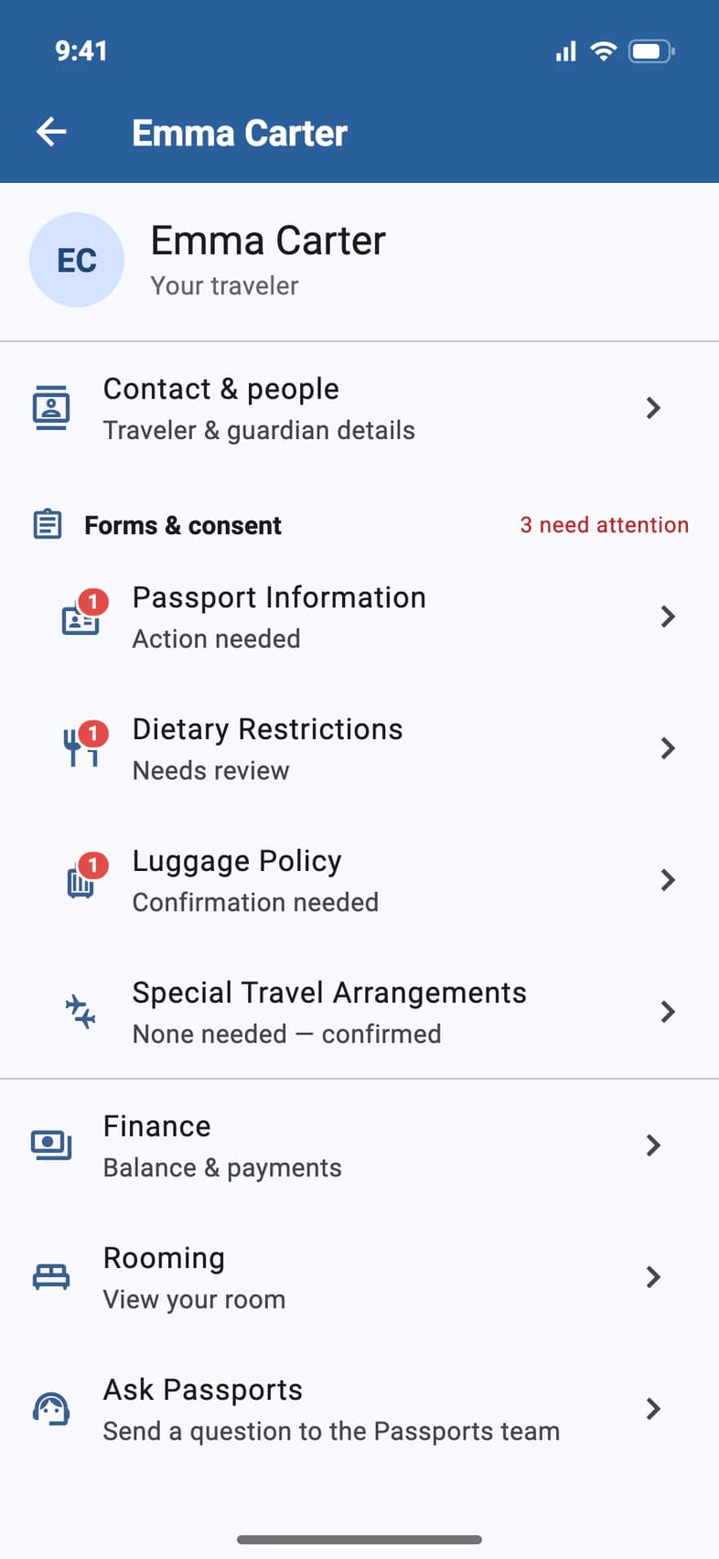 Emma Carter's account page: under Forms & consent, Passport Information shows Action needed with a red 1