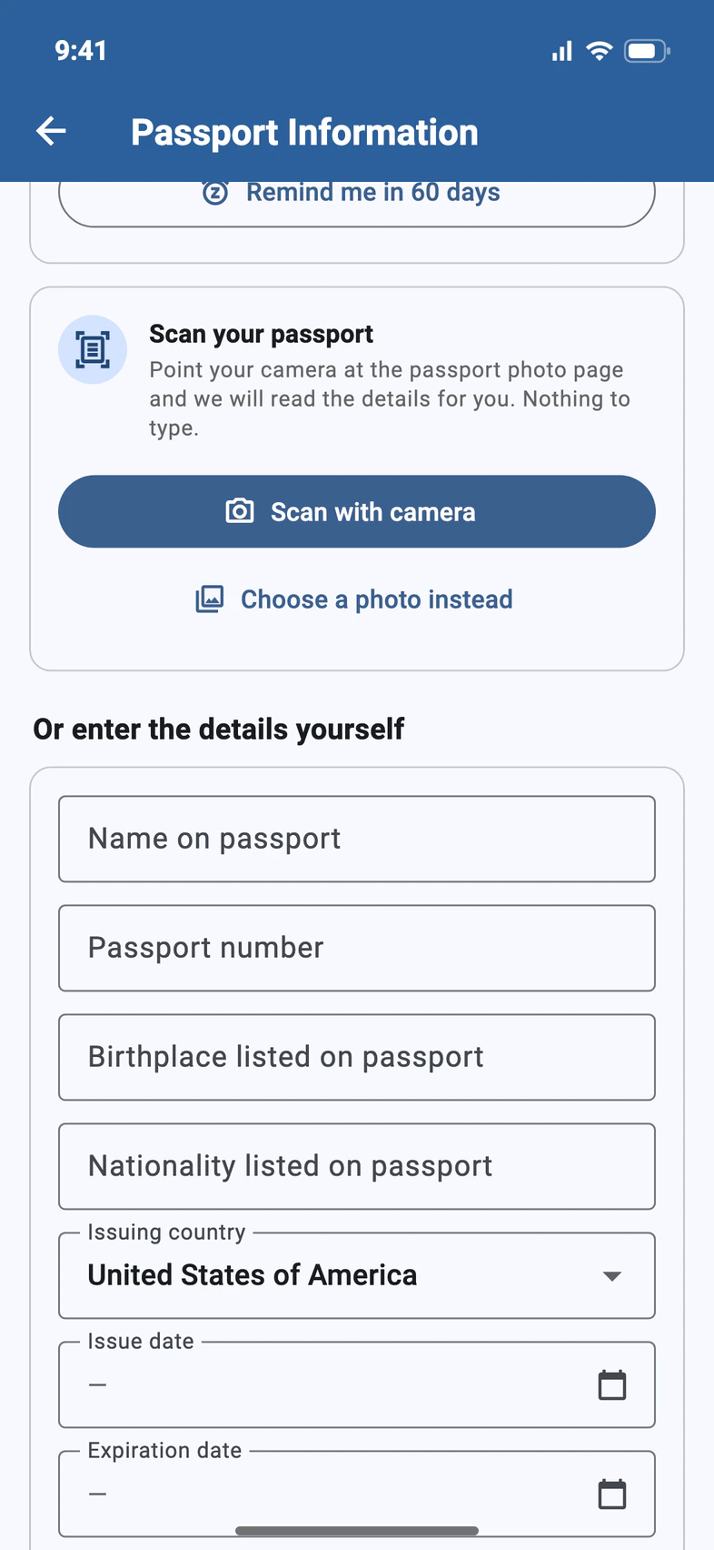 The Passport Information page with a Scan your passport card: Scan with camera and Choose a photo instead
