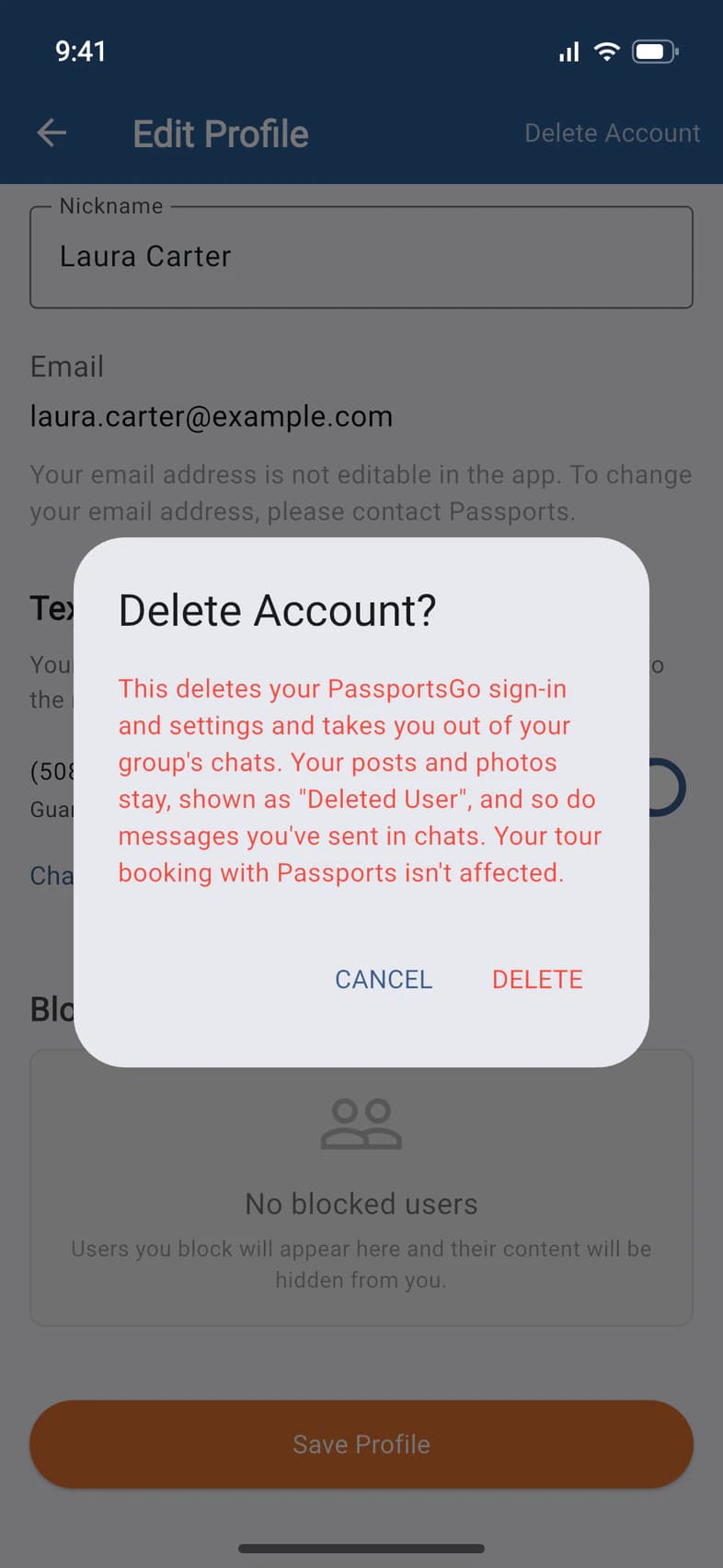 Delete Account? with what is deleted and what stays, and the CANCEL and DELETE buttons