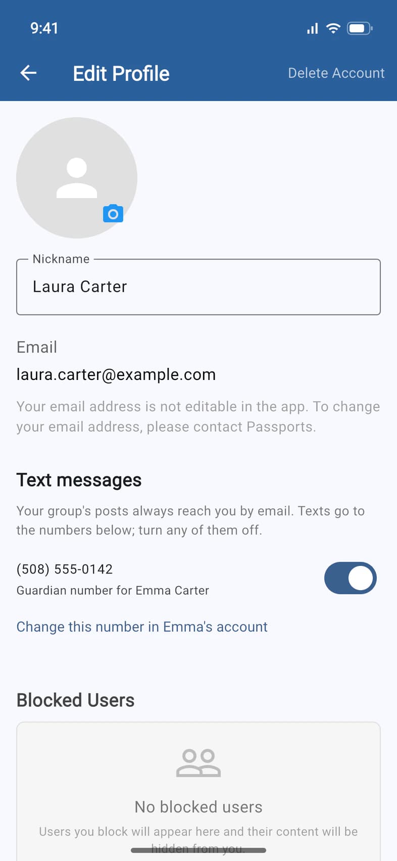Edit Profile: an empty photo with a camera button, Nickname Laura Carter, and the email address, which isn't editable in the app