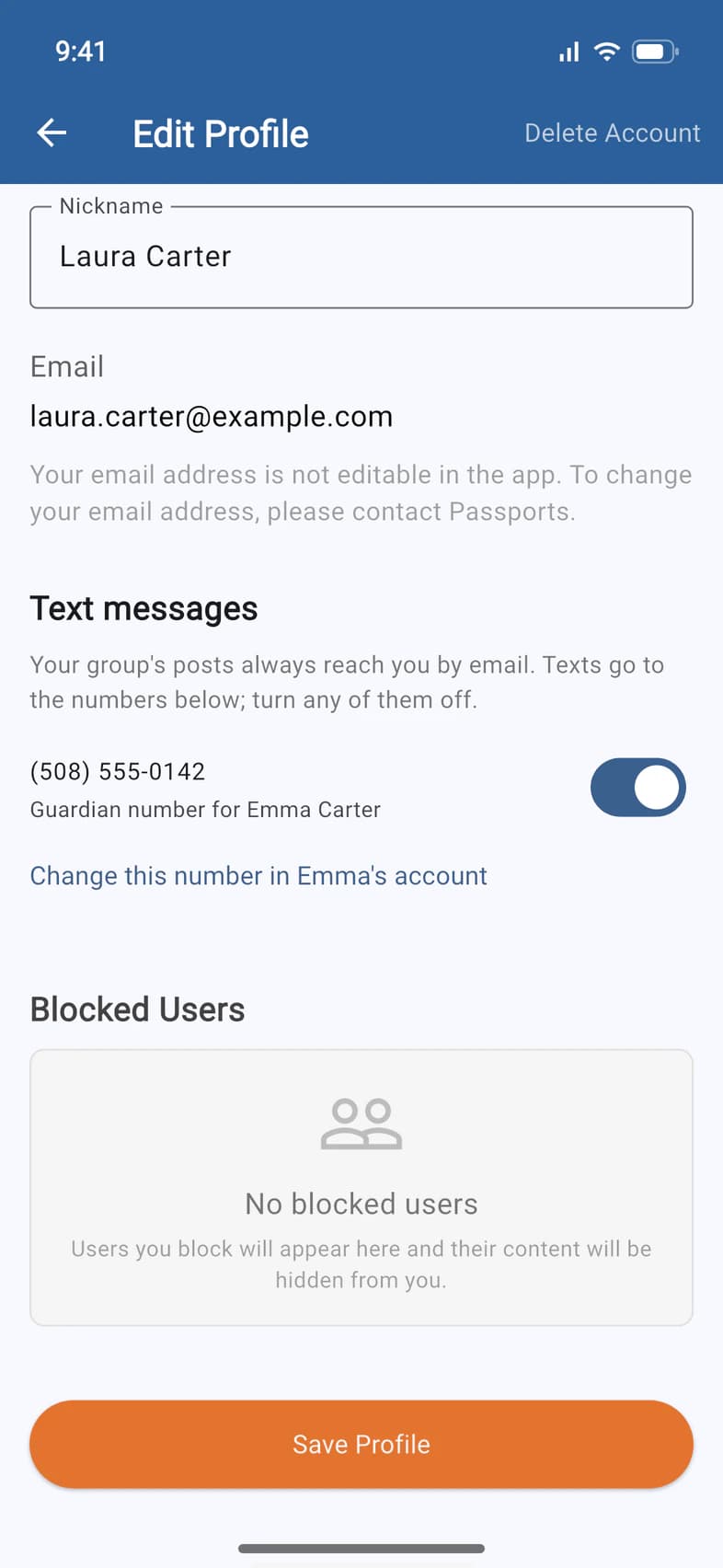 Text messages: (508) 555-0142, the guardian number for Emma Carter, switched on, and the Save Profile button