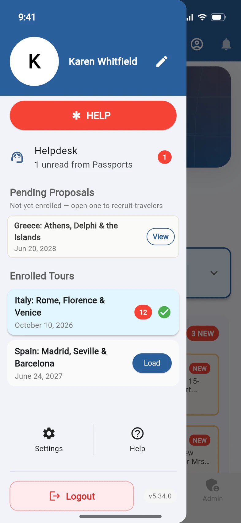 The menu: Pending Proposals, not yet enrolled, with Greece: Athens, Delphi & the Islands on Jun 20, 2028 and a View button; then Enrolled Tours with Italy and Spain
