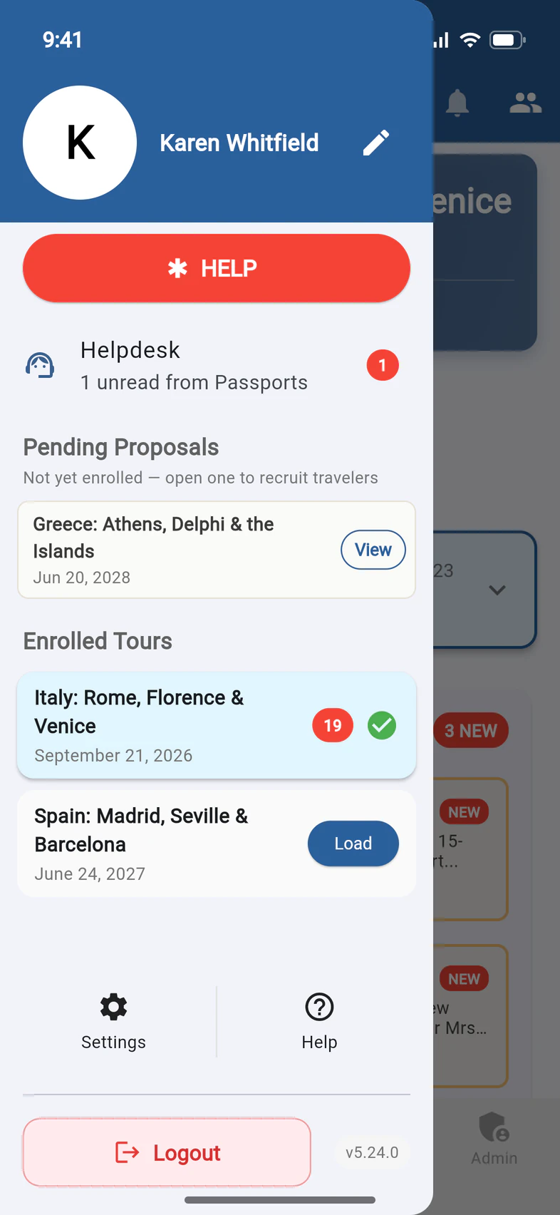 The menu: Pending Proposals, not yet enrolled, with Greece: Athens, Delphi & the Islands on Jun 20, 2028 and a View button; then Enrolled Tours with Italy and Spain