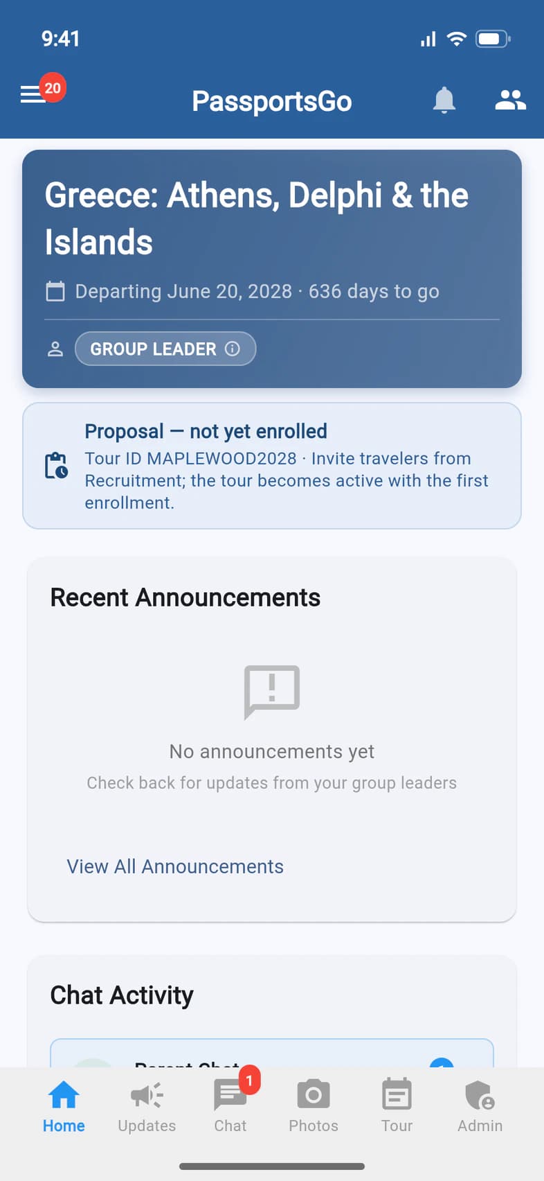 Home for the Greece proposal: departing June 20, 2028, and the note Proposal — not yet enrolled, Tour ID MAPLEWOOD2028