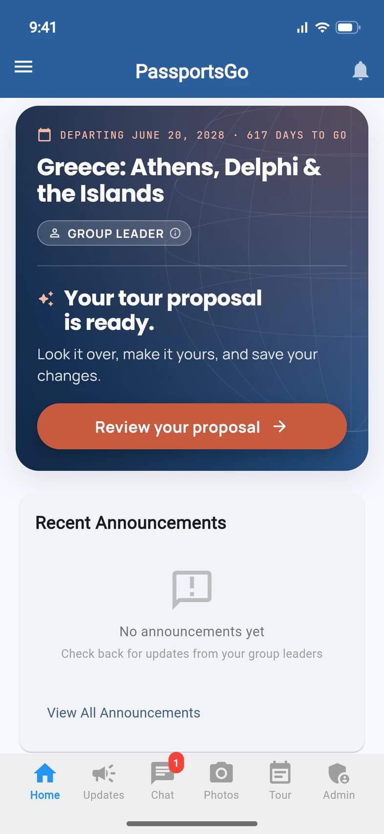Home for the Greece proposal: the title card with Departing June 20, 2028, Greece: Athens, Delphi & the Islands and Group Leader, then Your tour proposal is ready. Look it over, make it yours, and save your changes, with a Review your proposal button