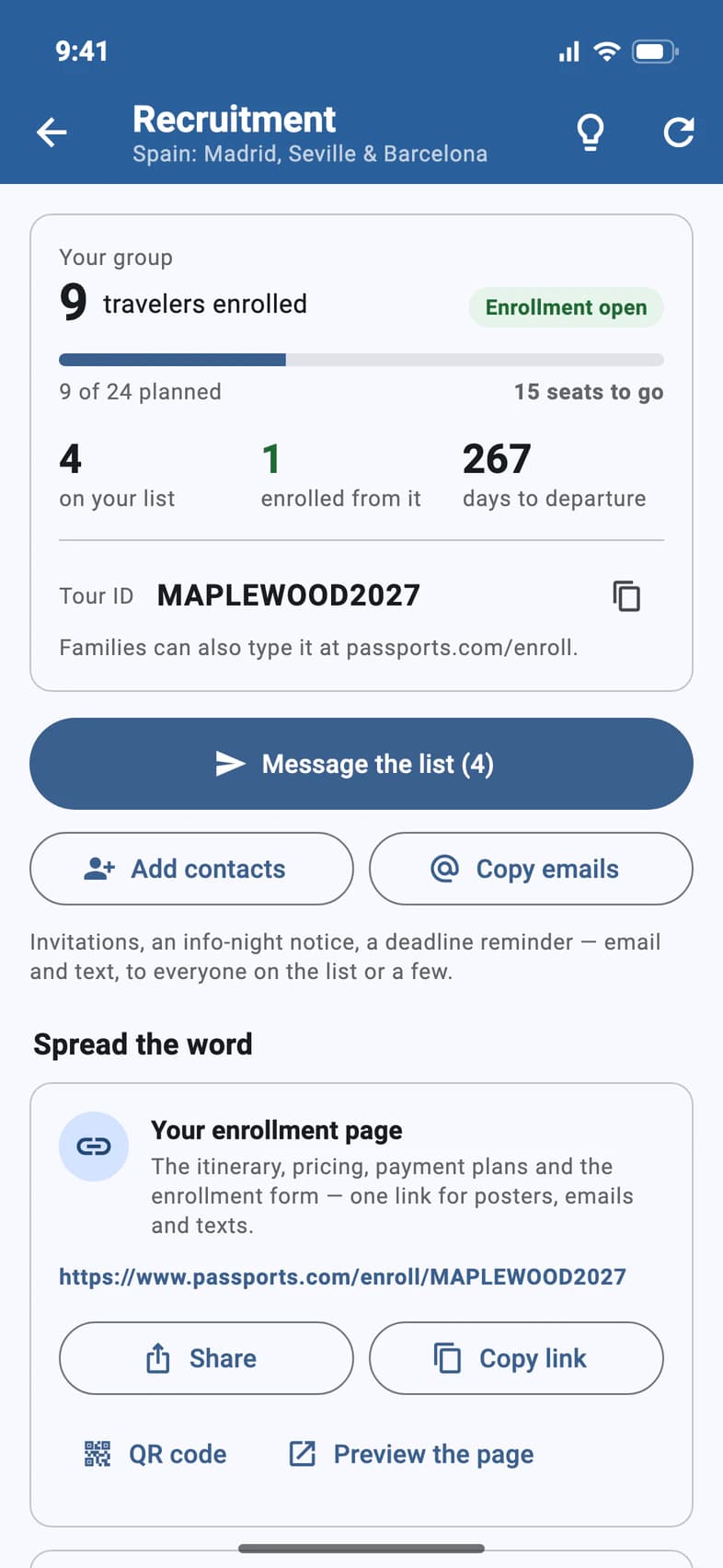The Recruitment tab with the Add contacts button under Message the list, beside Copy emails