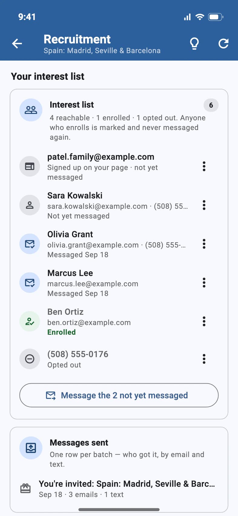 Your interest list: a family who signed up on the enrollment page, contacts not yet messaged or messaged Sep 18, Ben Ortiz marked Enrolled, and one who opted out