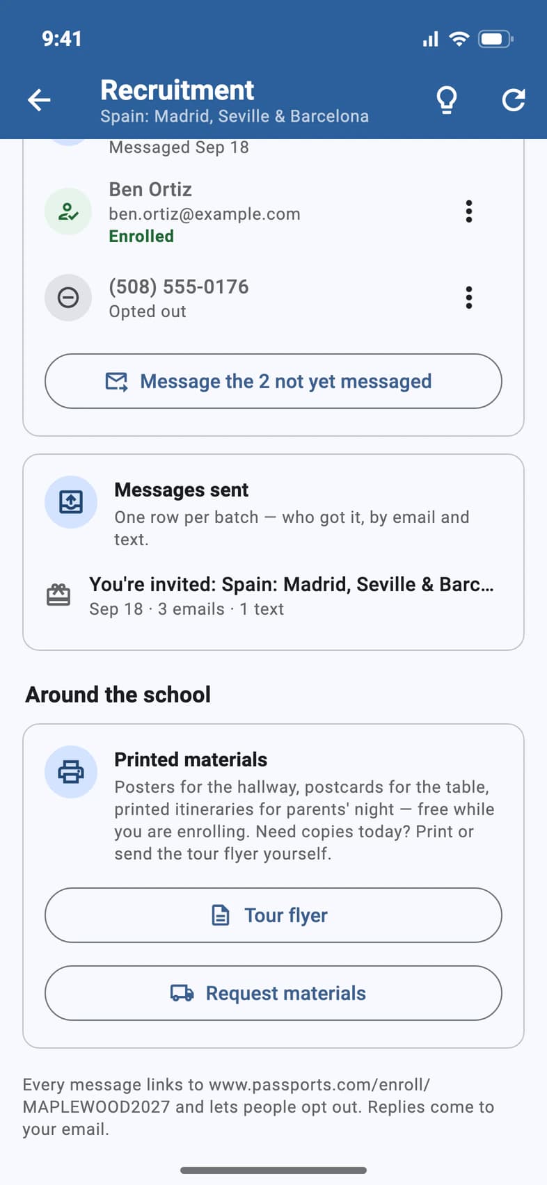 Around the school: Printed materials, with a Tour flyer button and a Request materials button, and the Recruiting tips light bulb in the top bar