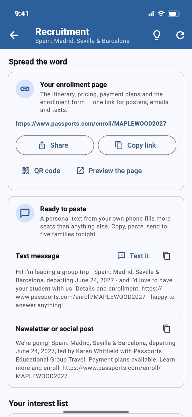 Spread the word: Your enrollment page with its link, Share, Copy link, QR code and Preview the page; Ready to paste with a text message and a newsletter post