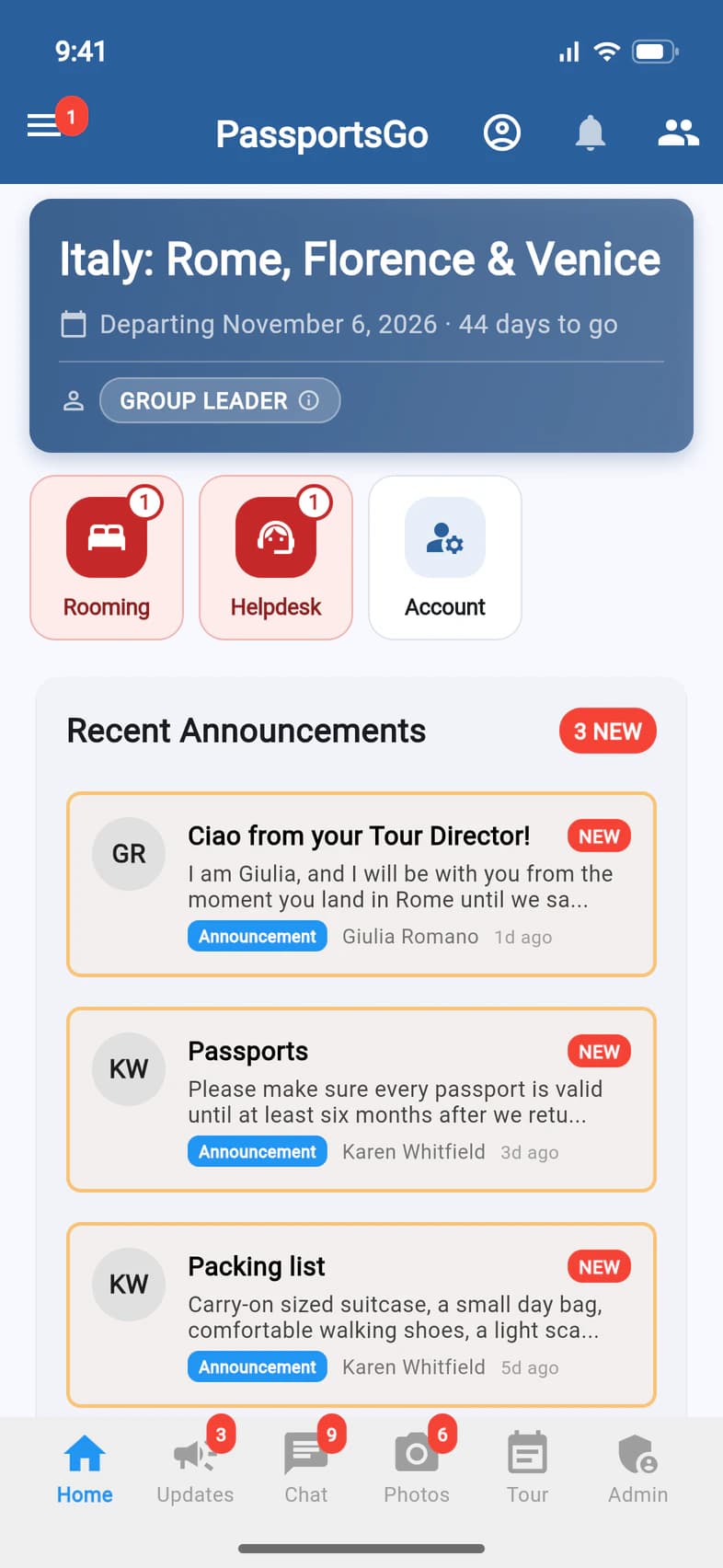 The PassportsGo Home screen before the tour, with a red Rooming tile showing 1 next to Helpdesk and Account
