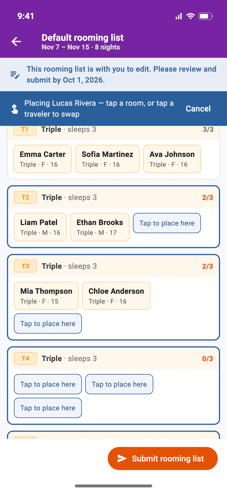 Placing Lucas Rivera: the rooms below, with T2 holding Liam Patel and Ethan Brooks and a Tap to place here spot