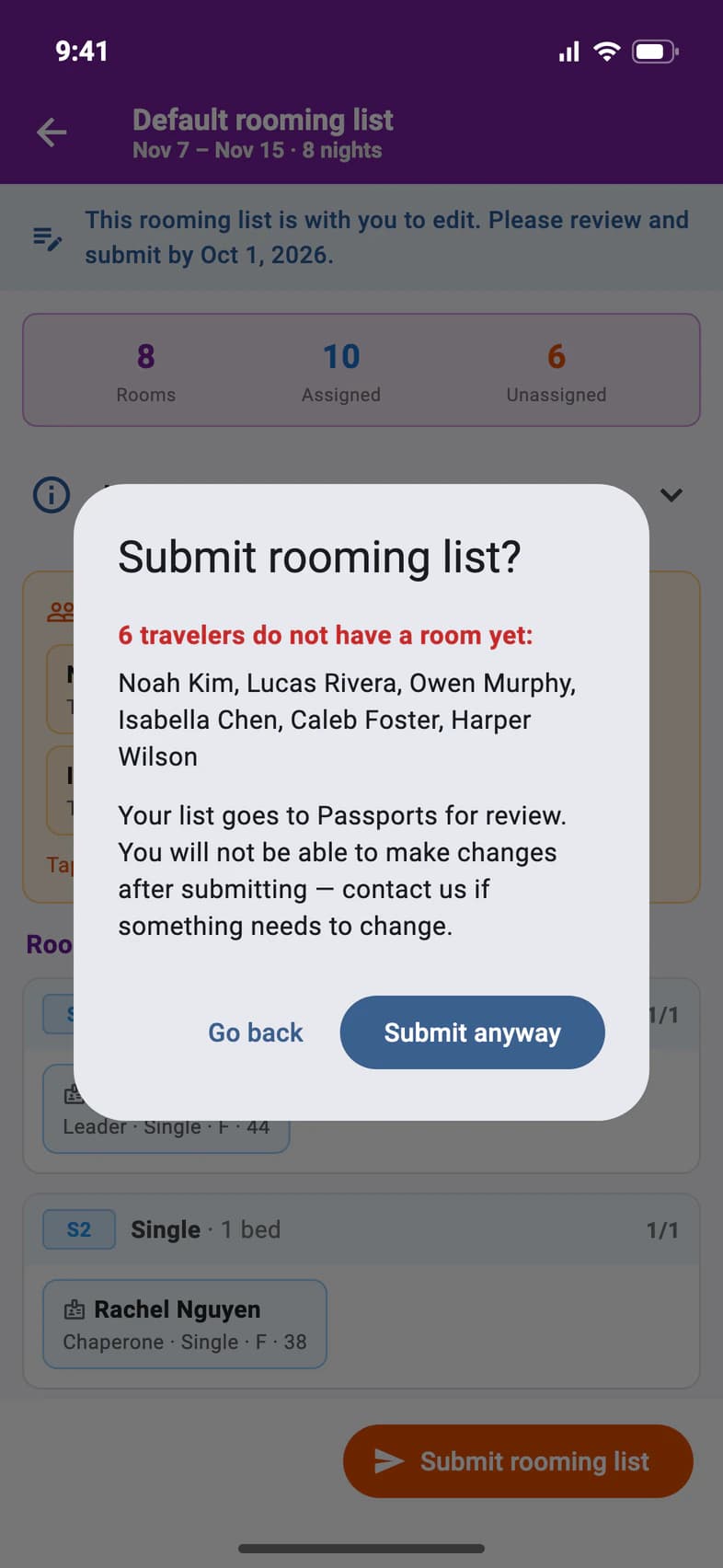 The Submit rooming list? message: 6 travelers do not have a room yet, then Go back and Submit anyway