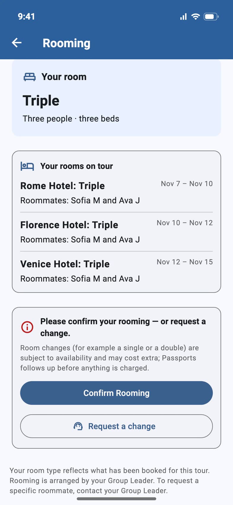 Please confirm your rooming — or request a change, with a Confirm Rooming button and a Request a change button