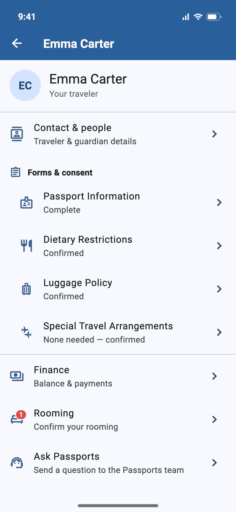 Emma Carter's account page with Rooming showing Confirm your rooming and a red 1