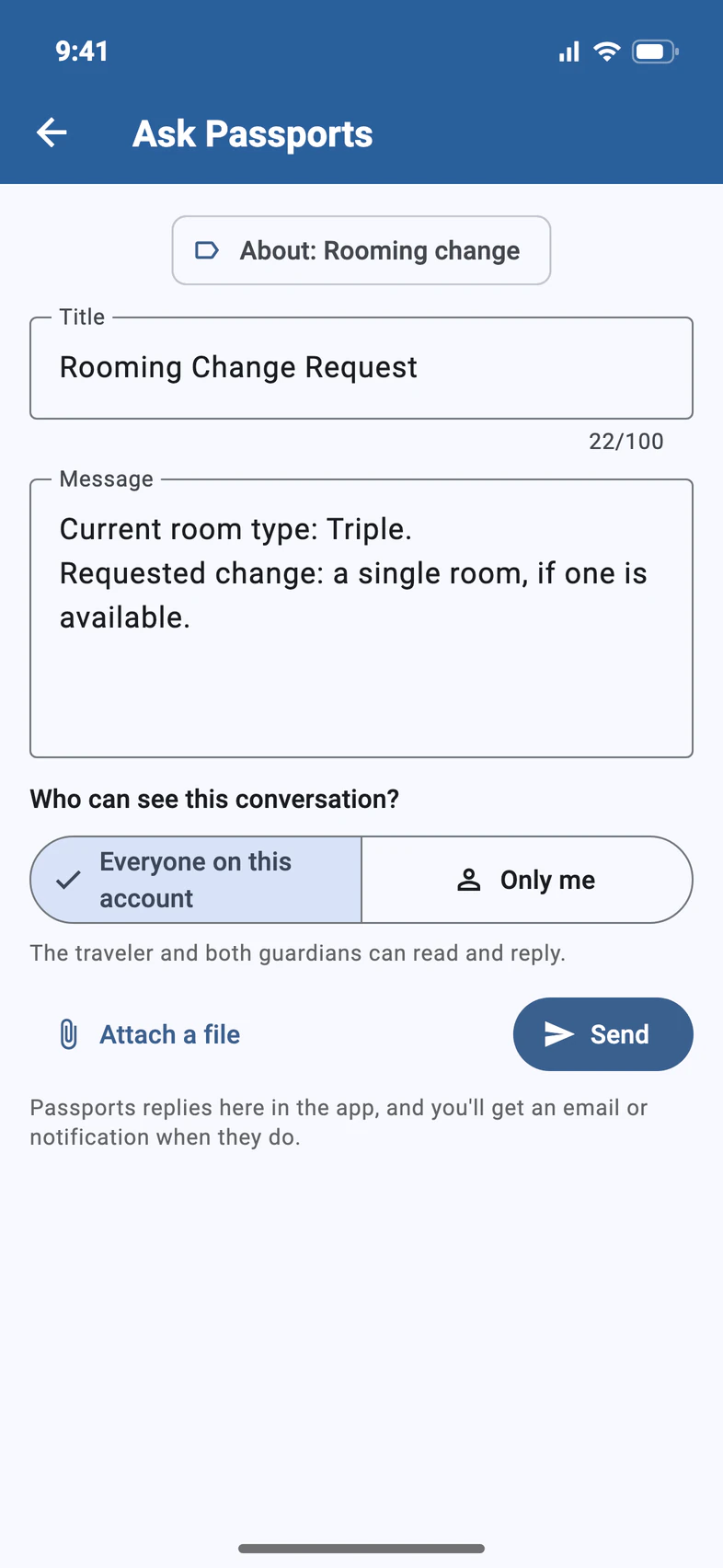 Ask Passports, About: Rooming change: the title Rooming Change Request and a message asking for a single room, with Send