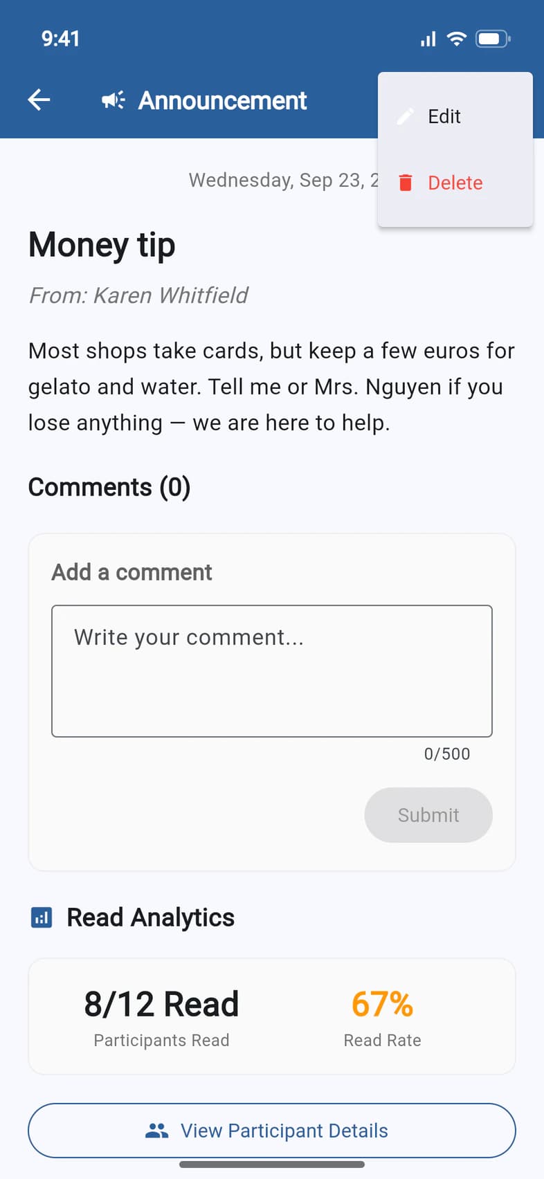 The post's menu open at the top right with Edit and Delete