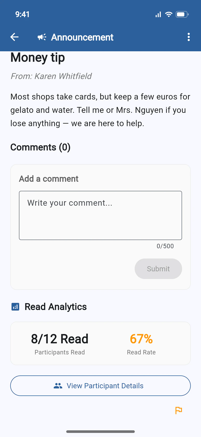 The Money tip announcement from Karen Whitfield, with Read Analytics: 8/12 read, 67% read rate, and a View Participant Details button