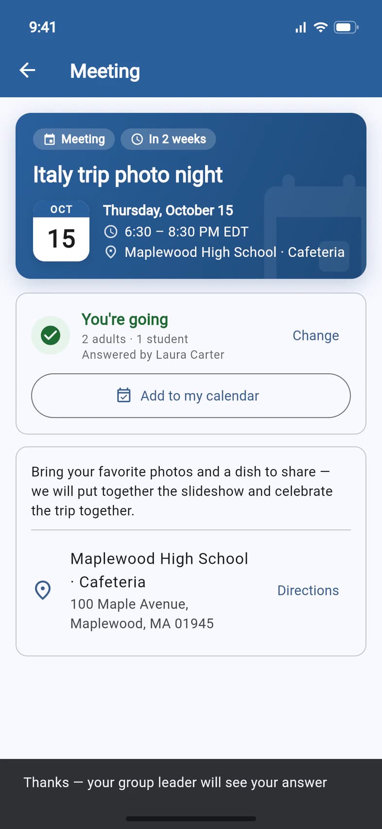 The meeting after answering: You're going, 2 adults · 1 student, answered by Laura Carter, a Change link and an Add to my calendar button, and the message Thanks — your group leader will see your answer