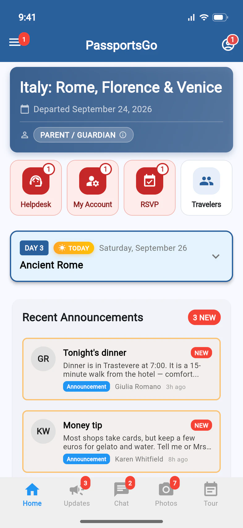 PassportsGo Home for a parent: the trip card, then a row of tiles with a red RSVP tile marked 1