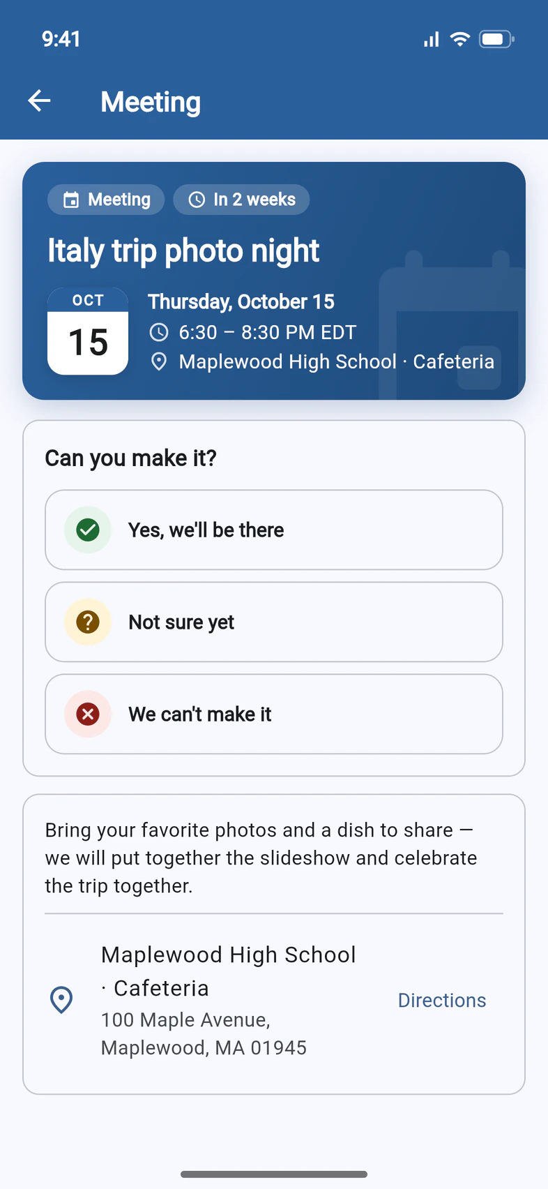 A meeting in PassportsGo: Italy trip photo night, Thursday, October 15, 6:30 – 8:30 PM EDT, at Maplewood High School · Cafeteria; then the Can you make it? answers, the group leader's note, and the address with Directions