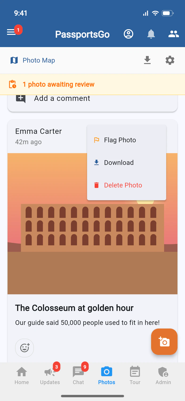 A photo's menu: Flag Photo, Download and Delete Photo
