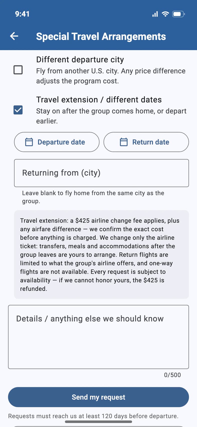 Travel extension / different dates ticked, with Departure date and Return date buttons, Returning from (city), and the travel extension rules