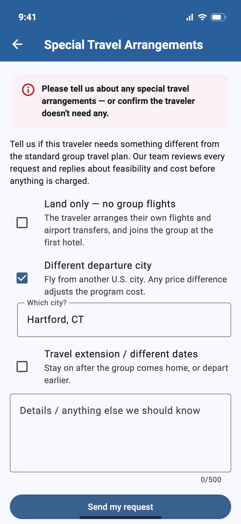 Special Travel Arrangements: a note asking for arrangements or a confirmation, Land only, Different departure city ticked with Hartford, CT typed in, and Travel extension / different dates