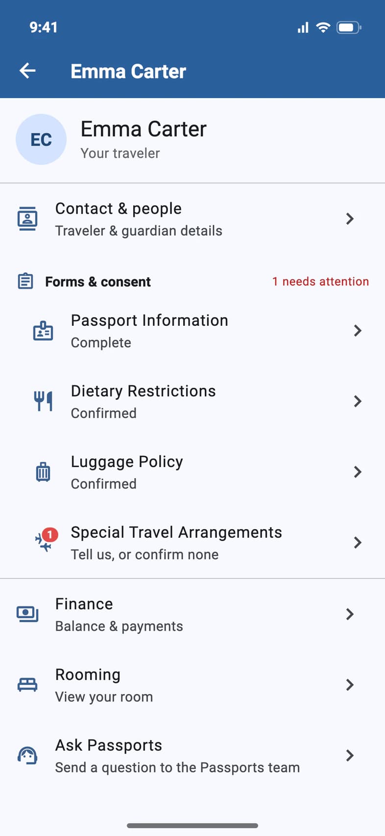 Emma Carter's account page: Special Travel Arrangements under Forms & consent with a red 1 and Tell us, or confirm none