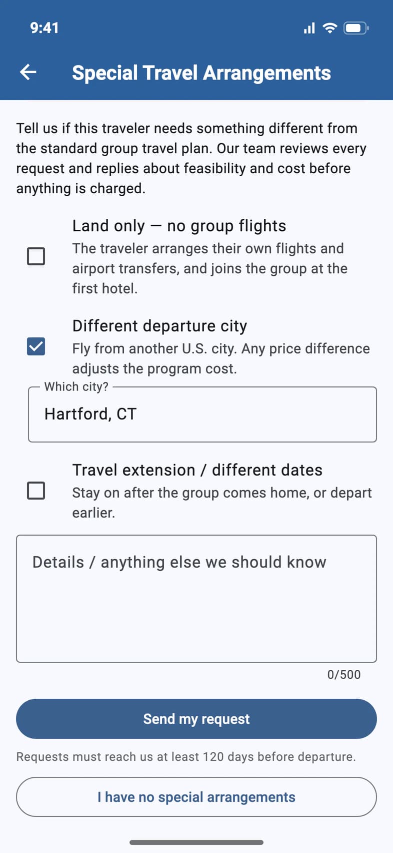 The bottom of the form: Details / anything else we should know, Send my request, Requests must reach us at least 120 days before departure, and I have no special arrangements