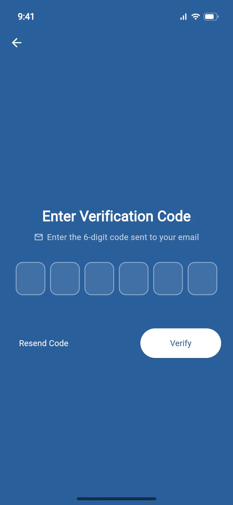The Enter Verification Code screen: six empty boxes, Resend Code and Verify