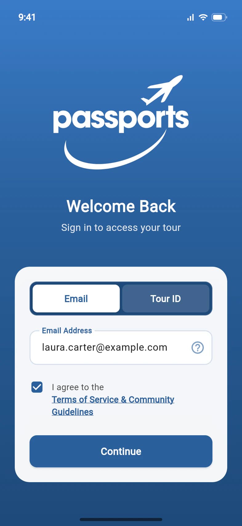 The PassportsGo Welcome Back screen with laura.carter@example.com typed in, the terms box ticked and a Continue button