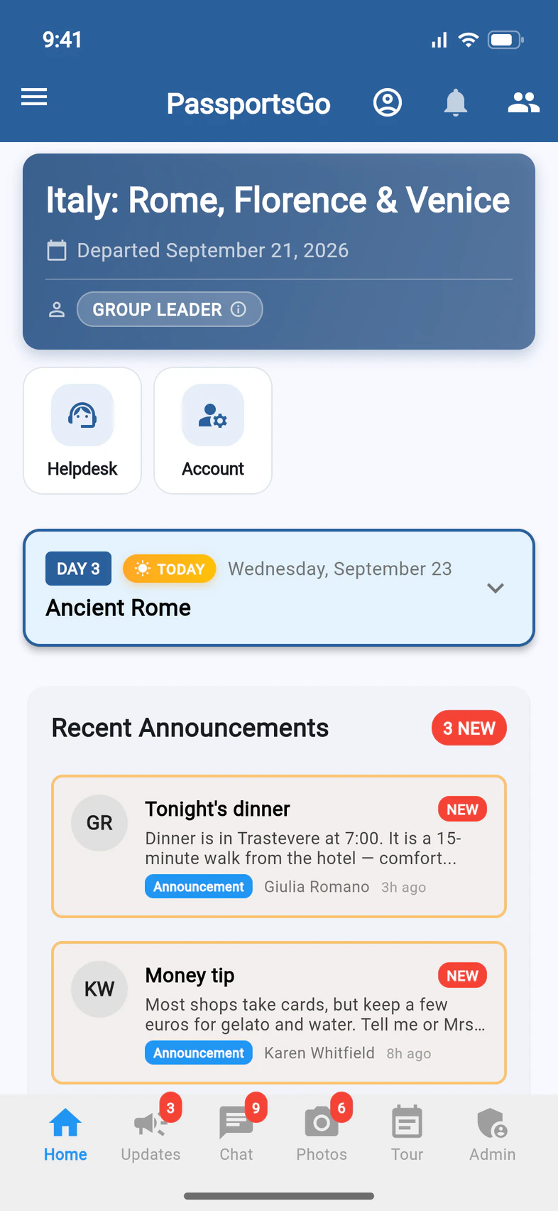 The PassportsGo Home screen for the group leader, showing the tour Italy: Rome, Florence & Venice