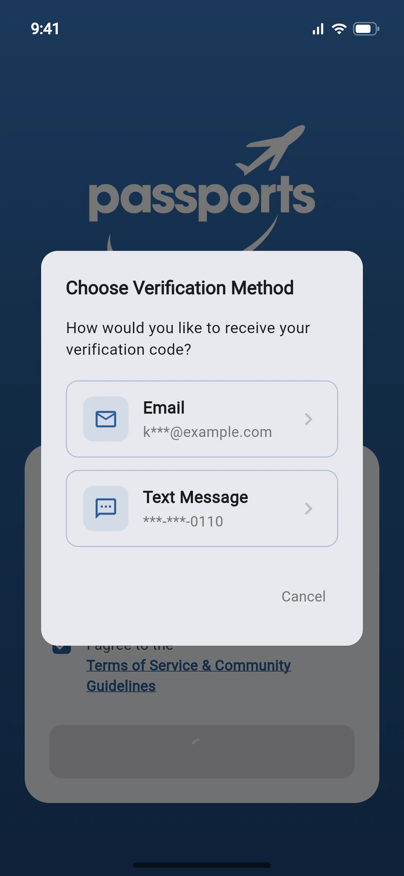 A Choose Verification Method box offering Email (k***@example.com) or Text Message (***-***-0110)