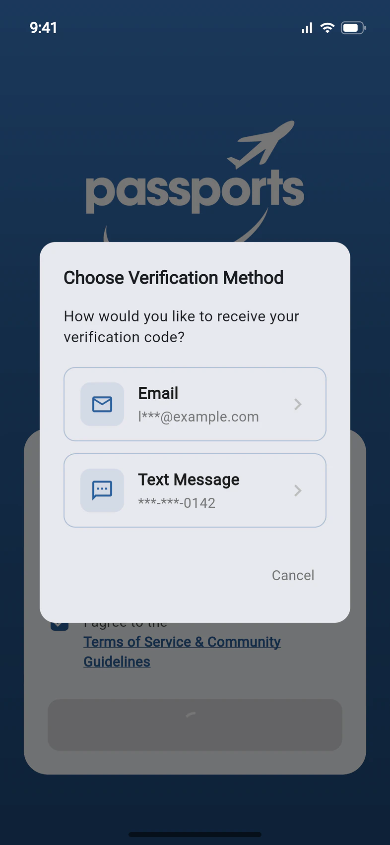 A Choose Verification Method box offering Email (l***@example.com) or Text Message (***-***-0142)