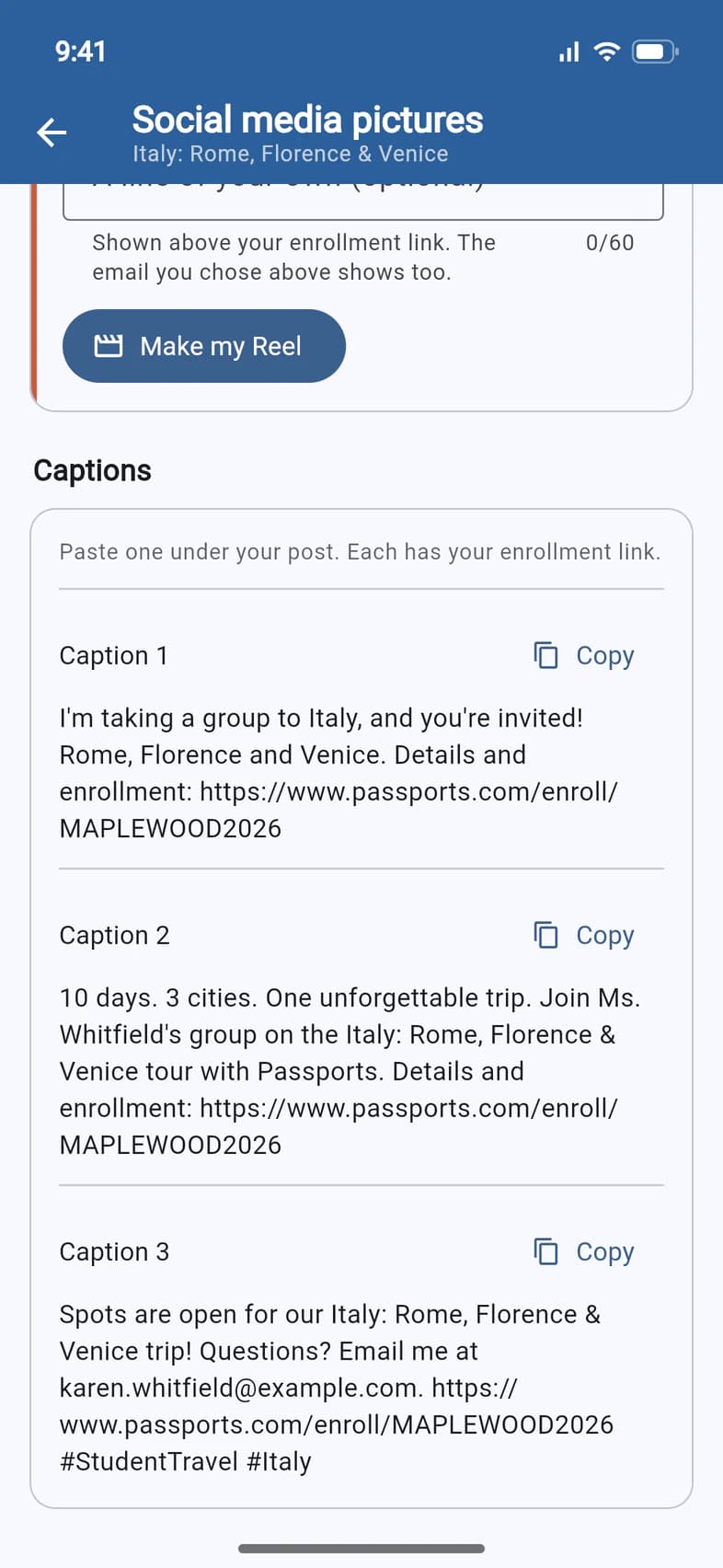 The Captions section: three captions, each with a Copy button — the first reads “I'm taking a group to Italy, and you're invited! Rome, Florence and Venice. Details and enrollment:” and the enrollment link