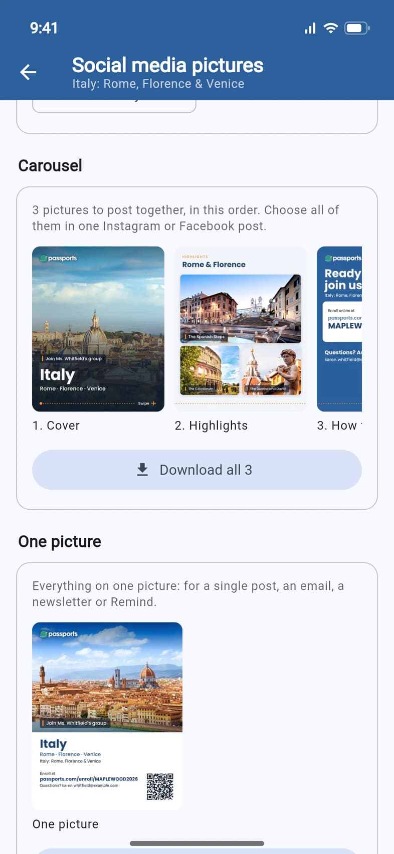 The Carousel section: 3 pictures to post together, in this order — 1. Cover (Italy, Rome · Florence · Venice), 2. Highlights, 3. How to join — and a Download all 3 button