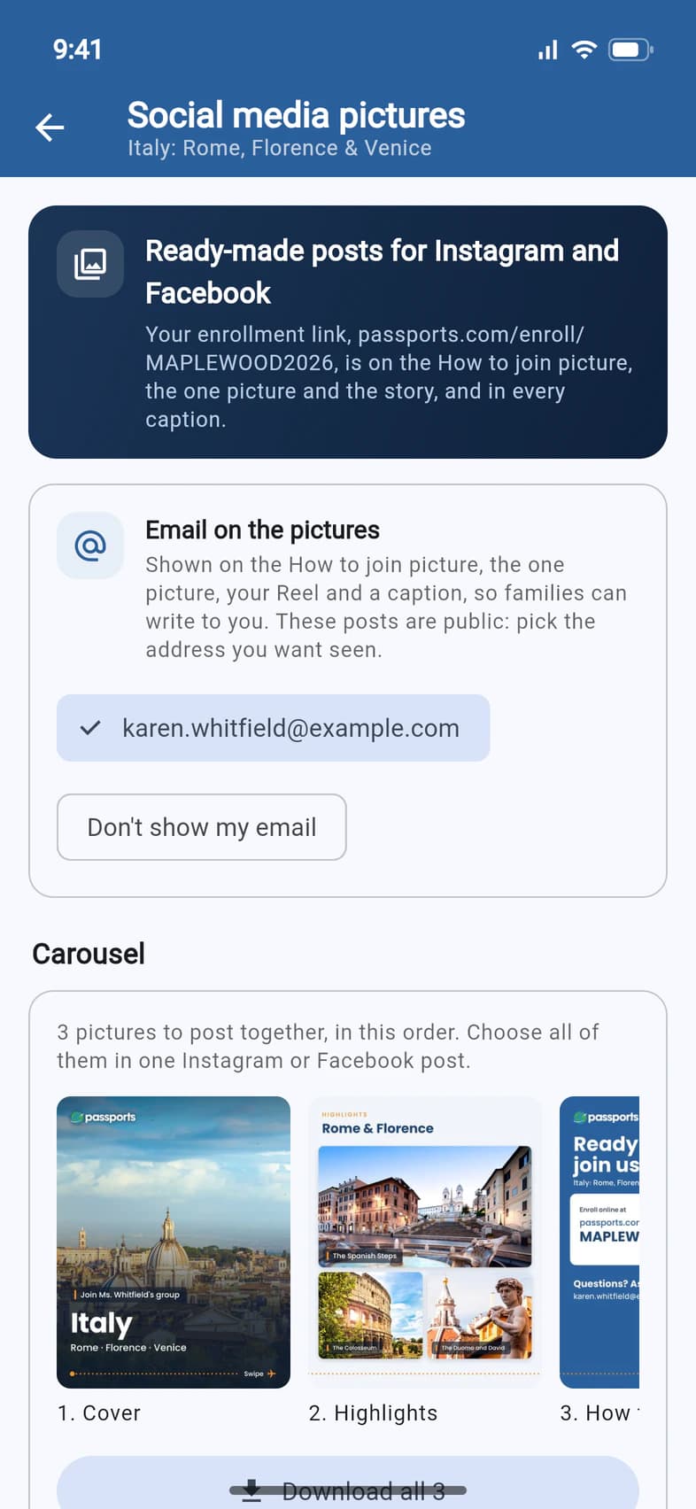 The top of the Social media pictures page: a navy box saying the enrollment link passports.com/enroll/MAPLEWOOD2026 is on the How to join picture, the one picture and the story, and Email on the pictures with karen.whitfield@example.com chosen and a Don't show my email choice