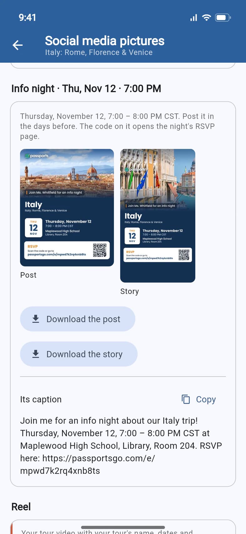 An Info night · Thu, Nov 12 · 7:00 PM section: Thursday, November 12, 7:00 – 8:00 PM CST, a post and a story with the date, Maplewood High School, Library, Room 204 and an RSVP QR code, Download the post and Download the story buttons, and Its caption with a Copy button