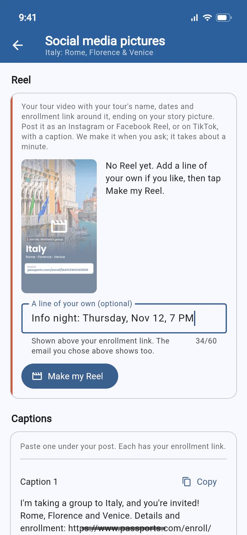 The Reel card: No Reel yet. Add a line of your own if you like, then tap Make my Reel. The line “Info night: Thursday, Nov 12, 7 PM” is typed in A line of your own (optional), with a Make my Reel button below