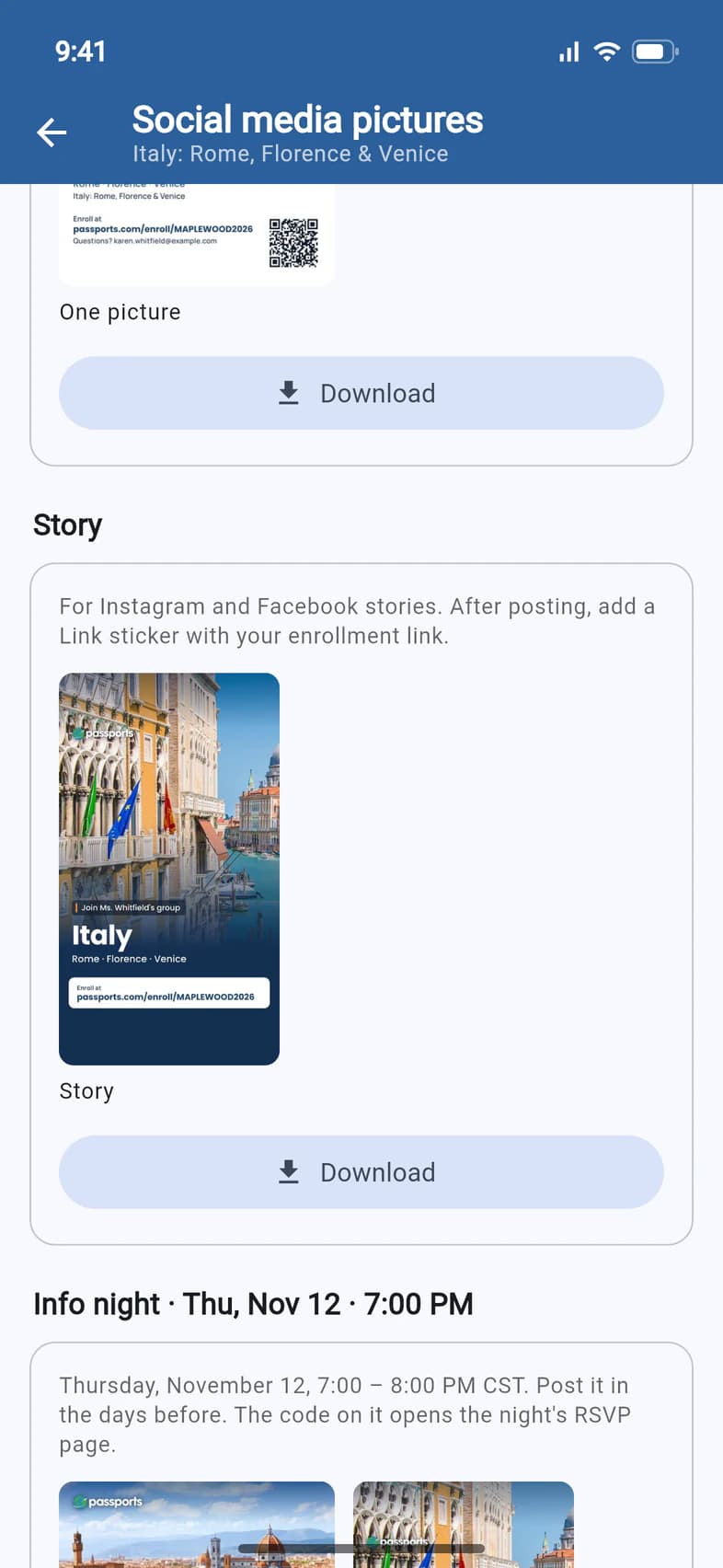 The One picture section with its link and QR code and a Download button, then the Story section: a tall picture of Venice with the enrollment link, and a Download button