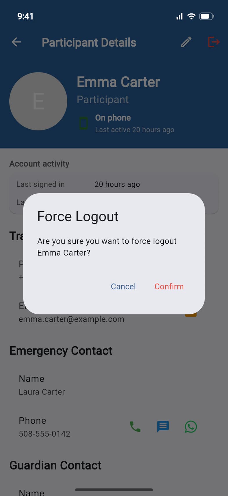 Force Logout: Are you sure you want to force logout Emma Carter? Cancel, Confirm