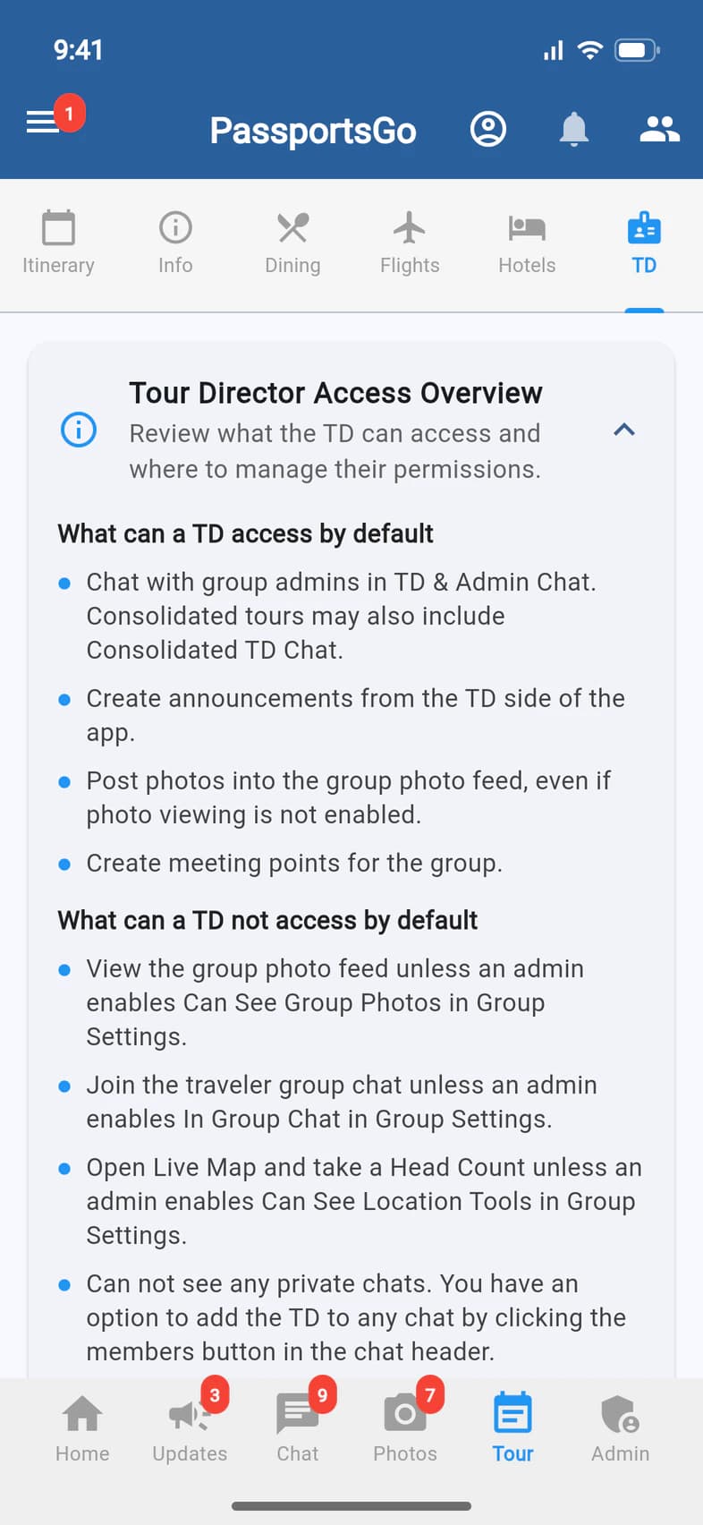 Tour Director Access Overview: what a TD can access by default, and what they cannot access by default, including Live Map and Head Count