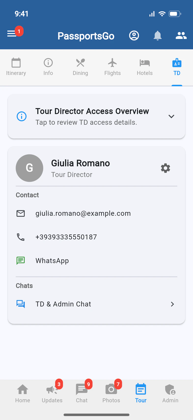 Tour, TD tab: the Tour Director Access Overview, and Giulia Romano's card with her email, phone, WhatsApp and TD & Admin Chat