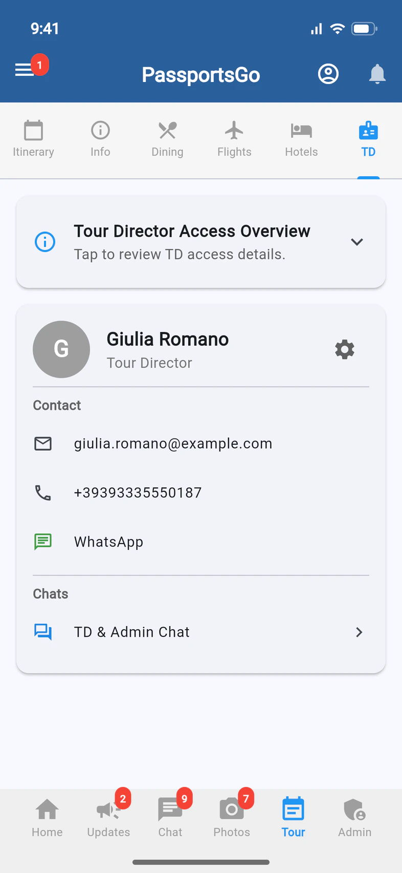Tour, TD tab: the Tour Director Access Overview, and Giulia Romano's card with her email, phone, WhatsApp and TD & Admin Chat