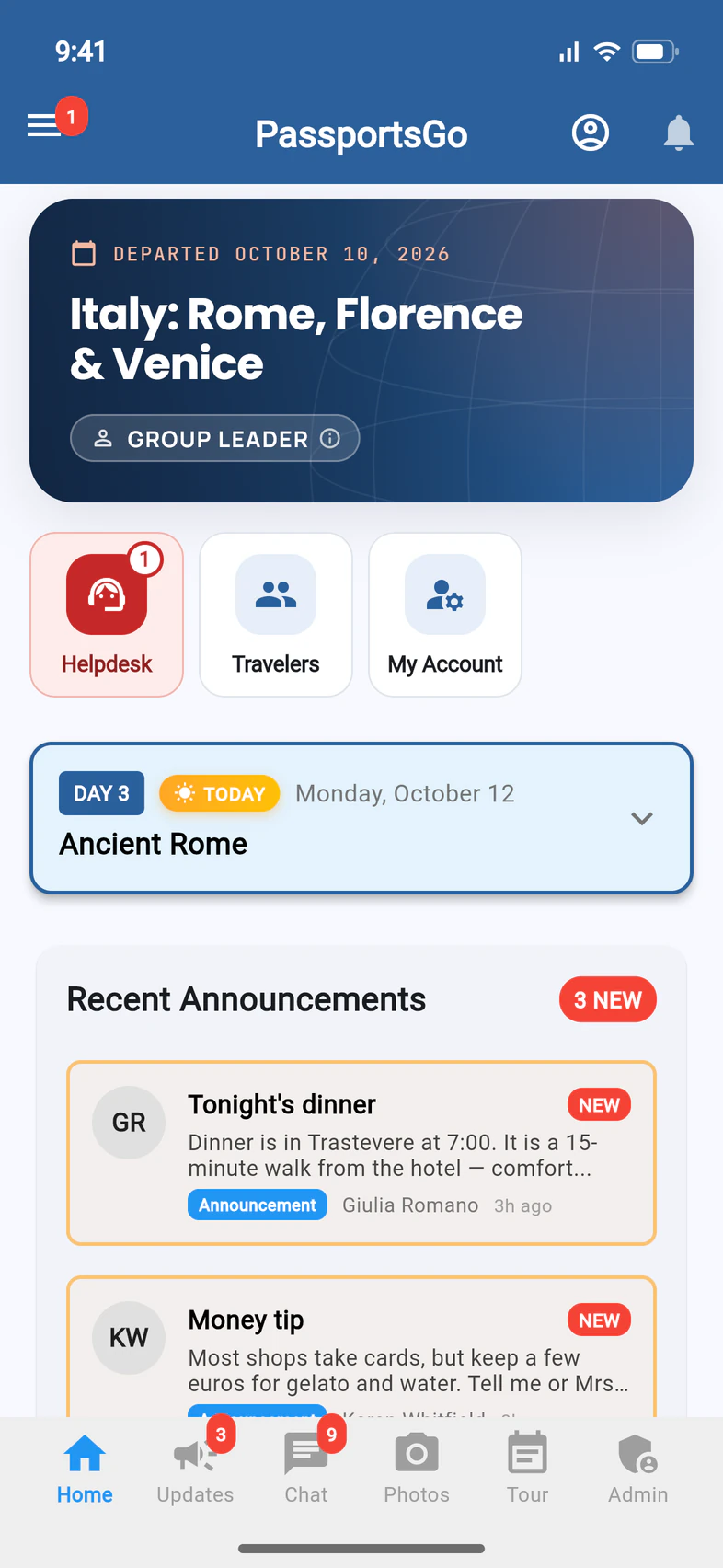 The PassportsGo Home screen for a group leader: the tour's title card, then a red Helpdesk tile and the blue Travelers and My Account tiles