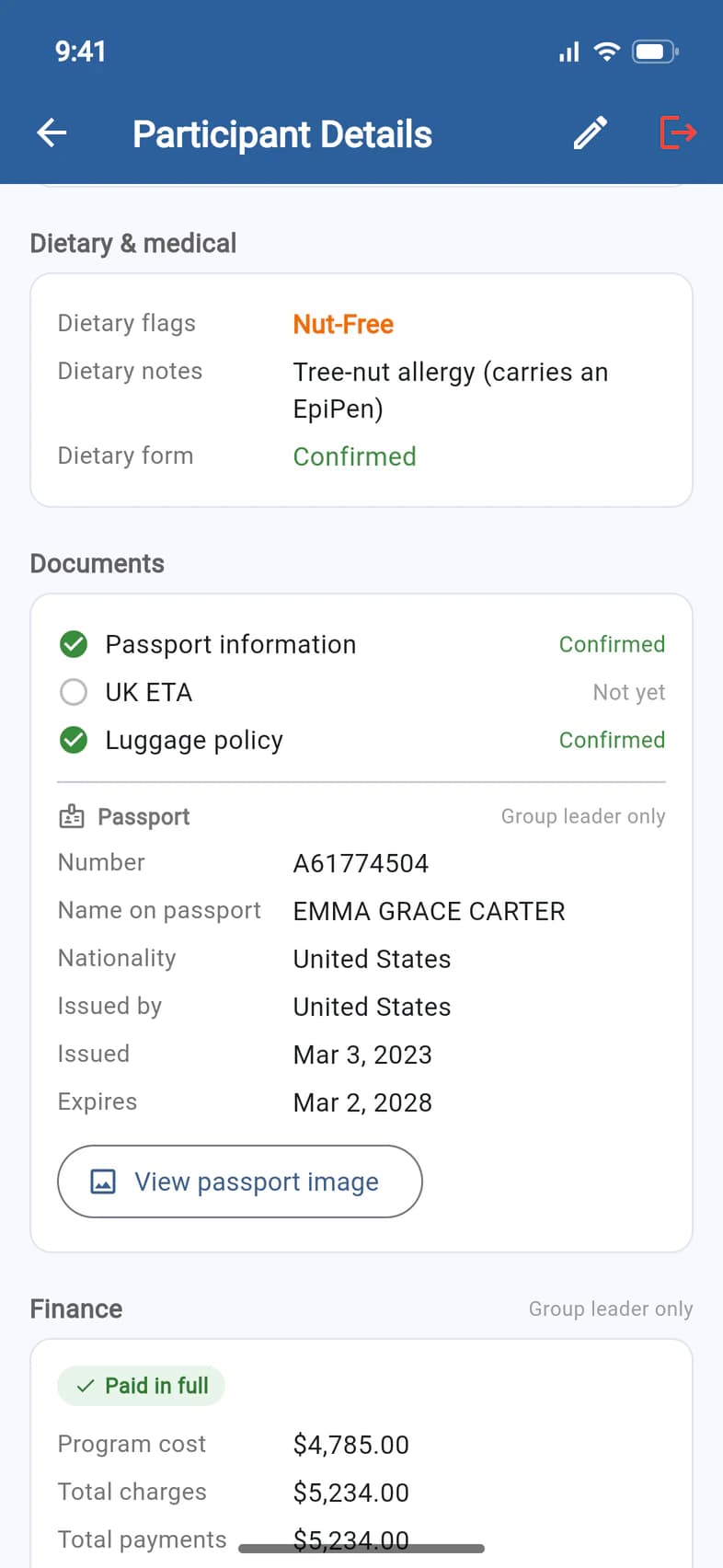 Participant Details, further down: Dietary & medical (Nut-Free), Documents (passport confirmed, UK ETA not yet, luggage confirmed), the passport details and Finance, paid in full, marked Group leader only