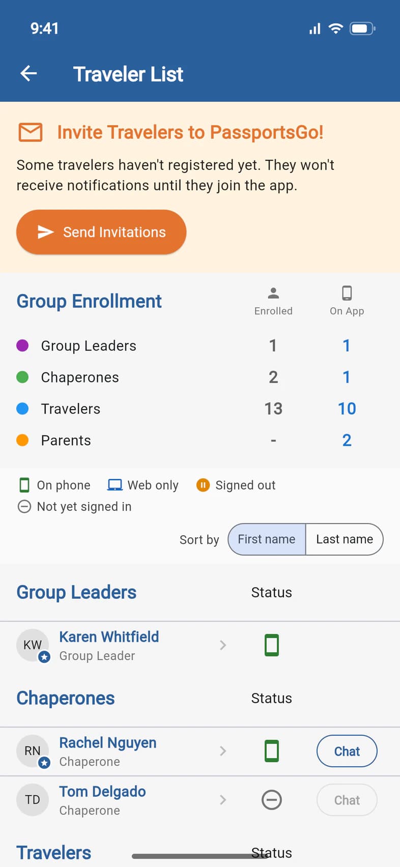 The Traveler List: an invitation banner, Group Enrollment with enrolled and on-app counts for group leaders, chaperones, travelers and parents, the status legend, Sort by, and the group leader and chaperones with their status and Chat buttons