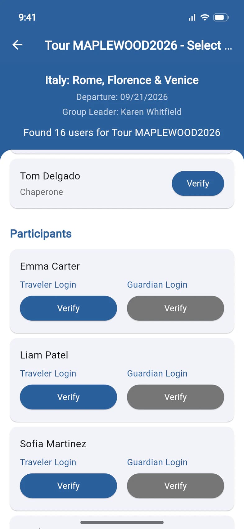 The Find My Name list: Emma Carter under Participants with Traveler Login and Guardian Login, each with a Verify button