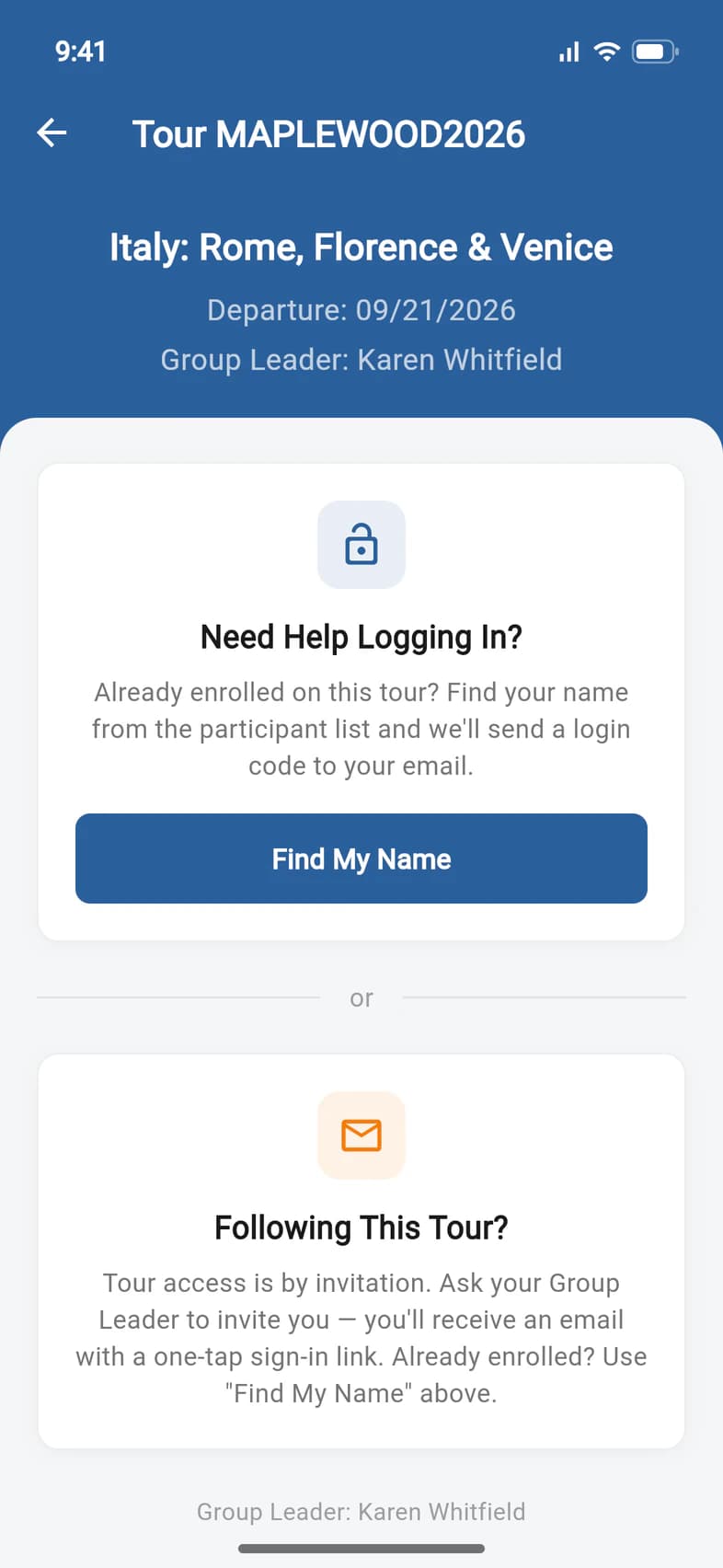 The tour page for MAPLEWOOD2026 with a Need Help Logging In? card and a Find My Name button