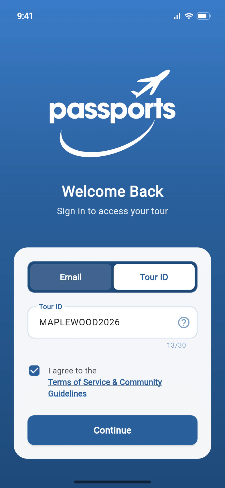 The Welcome Back screen with the Tour ID tab selected, MAPLEWOOD2026 typed in, the terms box ticked and a Continue button